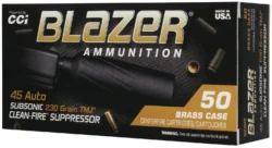 CCI 45 AUTO 230GR TMJ BLAZER BRASS CLEAN-FIRE SUPPRESSOR 50RD/BX 10BX/CS